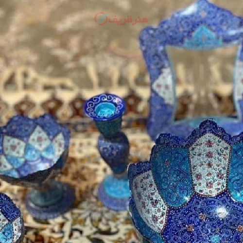 خرید آنلاین، هفت سین مسی، مینا کاری شده لعاب دار، پخته شده در کوره، رنگ زیبای آبی، زیر قیمت بازار | هنرظریف