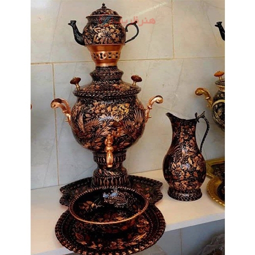 خرید آنلاین، سرویس سماور زغالی 4 لیتری مسی الماس تراش، زیر قیمت بازار | هنرظریف