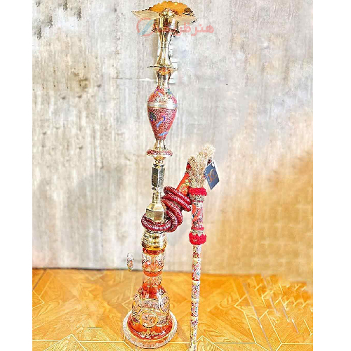 خرید، قیمت و مشخصات قلیان برنجی گلدان دار مینا هندی، شیشه لوستری قرمز طلایی، 10 سال گارانتی ارزان و باکیفیت _ هنرظریف