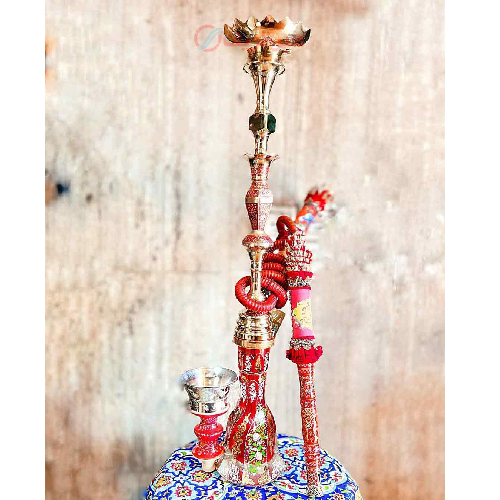 خرید، قیمت و مشخصات قلیان برنجی گلدان دار قرمز شش پر، شیشه طلاکاری طرح مهر آوری، 10 سال گارانتی ارزان و باکیفیت _ هنرظریف