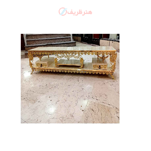 خرید، قیمت و مشخصات میز تلویزیون برنزی دو طبقه دو کشو چهار طاووس طول 120 ارزان و باکیفیت _ هنرظریف