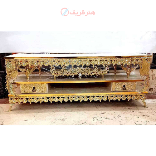 خرید، قیمت و مشخصات میز تلویزیون برنزی طرح طاووس 2 کشو طول 120 با طراحی بسیار شیک ارزان و باکیفیت _ هنرظریف