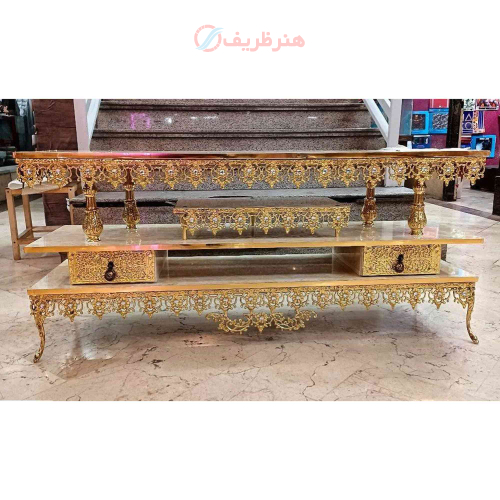 خرید، قیمت و مشخصات میز تلویزیون برنزی طول 120 مدل آفتابگردان دارای 2 کشو ارزان و باکیفیت _ هنرظریف