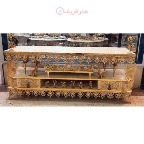 خرید، قیمت و مشخصات میز تلویزیون برنزی سه طبقه دو کشو طول 120، رویه ام دی اف ارزان و باکیفیت _ هنرظریف