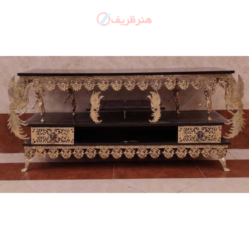 خرید، قیمت و مشخصات میز تلویزیون برنزی سه طبقه دو کشو طاووس دار رویه ی مشکی، دارای ضمانت ارزان و باکیفیت _ هنرظریف