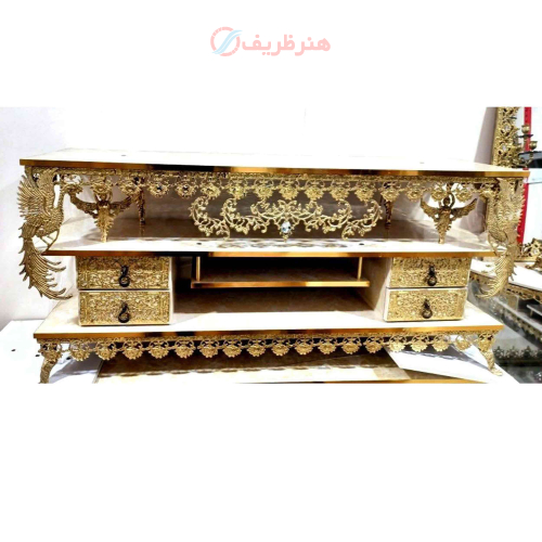 خرید، قیمت و مشخصات میز تلیزیون برنزی سه طبقه دارای چهار کشو مقاوم و دارای ضمانت ارزان و باکیفیت _ هنرظریف