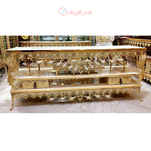 خرید، قیمت و مشخصات میز تلویزیون طرح گل آفتابگردان، سه طبقه دو کشو، برنز اصل و دارای ضمانت ارزان و باکیفیت _ هنرظریف