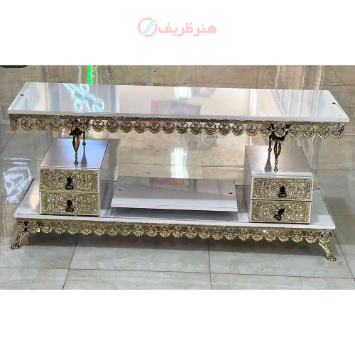 خرید، قیمت و مشخصات یز تلویزیون برنزی رویه ی سفید طول 120، دو طبقه دارای چهار کشو ارزان و باکیفیت _ هنرظریف