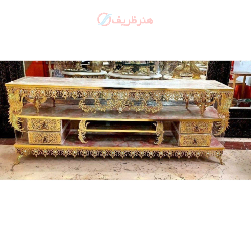 خرید، قیمت و مشخصات میز تلویزیون برنزی طرح گل آفتابگردان دارای چهار کشو، طاووس دار ارزان و باکیفیت _ هنرظریف