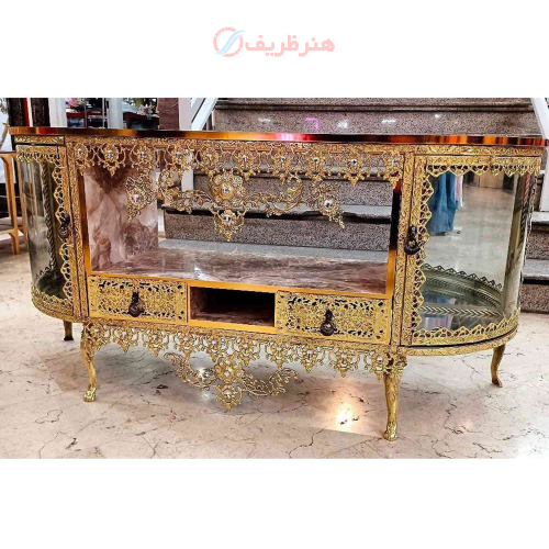 خرید، قیمت و مشخصات میز تلویزیون برنزی ویترین دار بغل خم پر کار و سنگین ارزان و باکیفیت _ هنرظریف