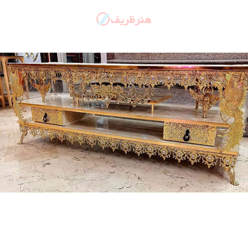 خرید، قیمت و مشخصات میز تلویزیون برنزی طول 120 سه طبقه دارای 2 کشو در طرح زیبا ارزان و باکیفیت _ هنرظریف