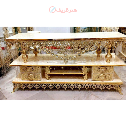 خرید، قیمت و مشخصات میز تلویزیون برنزی مدل گل آفتابگردان ، سه طبقه دارای چهار کشو ارزان و باکیفیت _ هنرظریف
