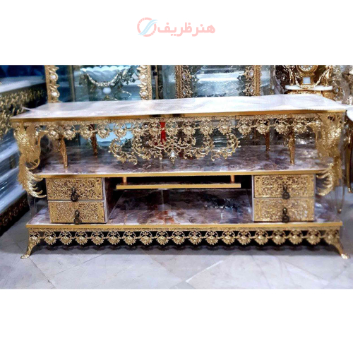خرید، قیمت و مشخصات میز تلویزیون برنزی صفحه هایگلاس، طول 120، سه طبقه دارای چهار کشو ارزان و باکیفیت _ هنرظریف