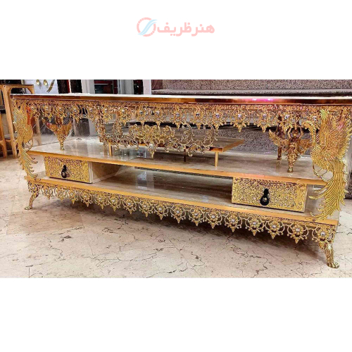 خرید، قیمت و مشخصات میز تلویزیون برنزی صفحه هایگلایس، طول 120 با طراحی بسیار شیک ارزان و باکیفیت _ هنرظریف