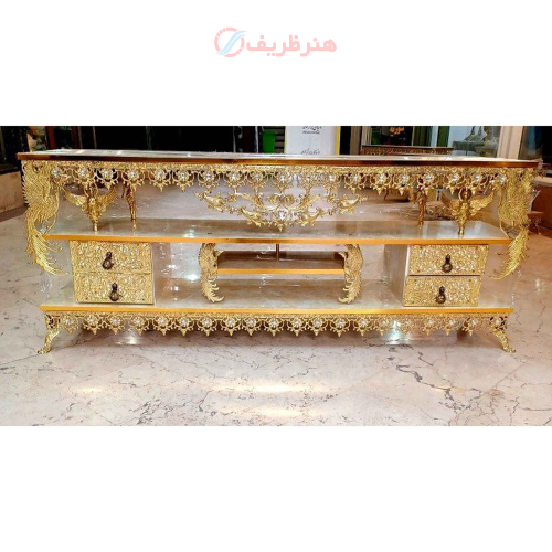 خرید، قیمت و مشخصات میز تلویزیون برنزی طول 120، طرح گل آفتابگردان، چهار کشو چهار طاووس ارزان و باکیفیت _ هنرظریف