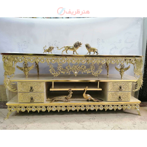 خرید، قیمت و مشخصات میز تلویزیون برنزی مدل آفتابگردان، طول 120، سه طبقه ارزان و باکیفیت _ هنرظریف
