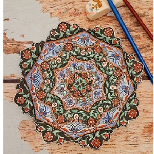 خرید، قیمت و مشخصات بشقاب مسی میناکاری شده 16 سانتی با قاب چوبی و سبک نقاشی پرداز نقطه‌ای _ هنرظریف