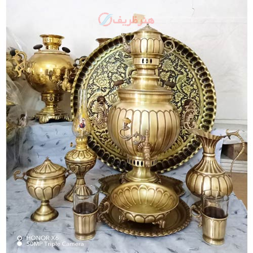 خرید، قیمت و مشخصات سرویس 9 پارچه سماور ذغالی درجه 1، 6 لیتر، توپی سنگین وزن طرح آینه ارزان و با کیفیت _ هنرظریف