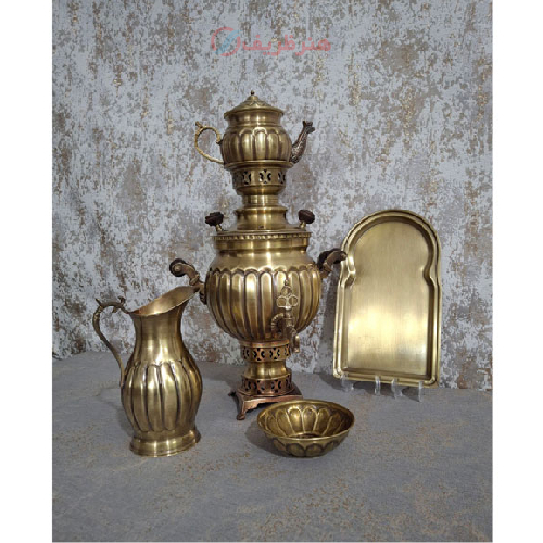 خرید، قیمت و مشخصات سرویس سماور زغالی برنجی دو لیتری مدل آینه خطی توپی، ارزان و با کیفیت _ هنرظریف