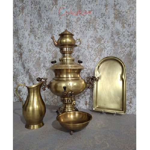خرید، قیمت و مشخصات سرویس سماور زغالی برنجی هفت لیتری مدل ساده استکانی، ارزان و با کیفیت _ هنرظریف