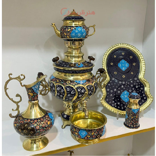 خرید، قیمت و مشخصات سرویس سماور زغالی برنجی شش لیتری الماس تراش پنج تکه، ارزان و با کیفیت _ هنرظریف