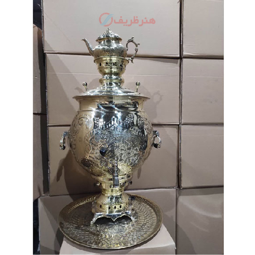 خرید، قیمت و مشخصات سرویس سماور و قوری زغالی برنجی شش لیتری نقره ای، ارزان و با کیفیت _ هنرظریف