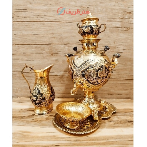 خرید، قیمت و مشخصات سرویس کامل سماور زغالی برنجی گل و مرغ 6 لیتری با کیفیت عالی، زیر قیمت بازار _ هنرظریف