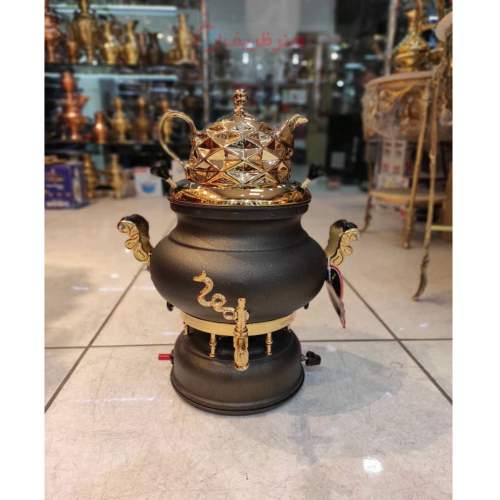 خرید، قیمت و مشخصات سماور گازی 8 لیتری 3 کاره مدل عدسی، مشکی طلایی، بسیارشیک، دارای فندک، ورق ضخیم _ هنرظریف