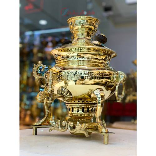 خرید، قیمت و مشخصات سماور زغالی و منقل، 6 لیتر، ورق ضخیم، تمام برنجی، مهر روسی، دسته خواب، گارانتی شرکتی _ هنرظریف