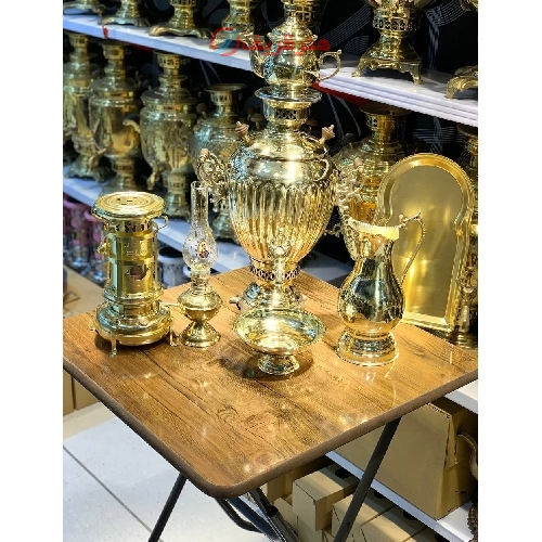 خرید، قیمت و مشخصات سماور زغالی برنجی 6 لیتری مدل آناناسی، ورق ضخیم، دسته طوری، مهر روسی ارزان و باکیفیت _ هنرظریف