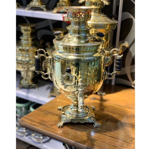 خرید، قیمت و مشخصات سماور زغالی 6 لیتری مدل نظروف پایه کور، دسته کاپ، طرح شوروی ارزان و باکیفیت _ هنرظریف