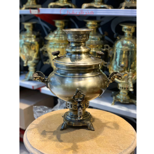 خرید، قیمت و مشخصات سماور زغالی برنجی، 6 لیتر مدل عدسی، دسته دو شاخ، آنتیک شده سفارشی ارزان و باکیفیت _ هنرظریف