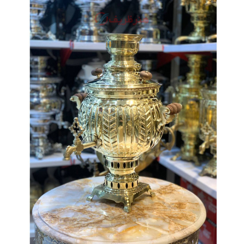 خرید، قیمت و مشخصات سماور زغالی 6 لیتری مدل توپی ترک دار جدید، جنس کاملا برنجی ارزان و باکیفیت _ هنرظریف