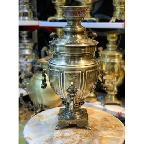 خرید، قیمت و مشخصات سماور زغالی 8 لیتری مدل نیگالای، کاملا برنجی، مهر روسی، آنتیک شده ارزان و باکیفیت _ هنرظریف