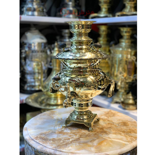 خرید، قیمت و مشخصات سماور زغالی 4 لیتری مدل نگین، دسته خواب، لبه ریخته، مهر روسی، جنس برنجی ارزان و باکیفیت _ هنرظریف