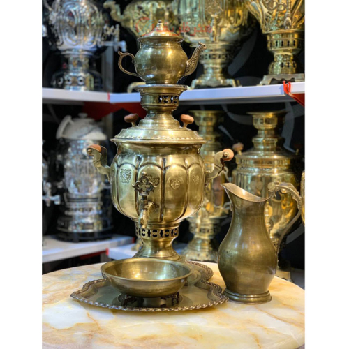 خرید، قیمت و مشخصات سماور زغالی 6 لیتری مدل سیب، جنس کاملا برنجی، مهر روسی ارزان و باکیفیت _ هنرظریف