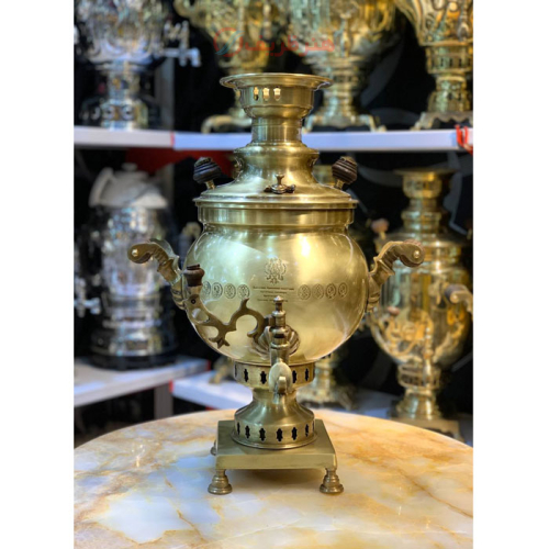 خرید، قیمت و مشخصات  سماور زغالی 6 لیتری مدل کروی طرح سال، کاملا برنجی ارزان و باکیفیت _ هنرظریف