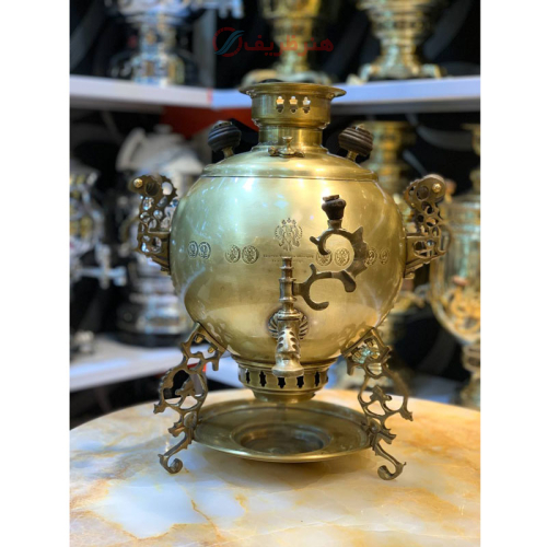 خرید، قیمت و مشخصات سماور زغالی برنجی 7 لیتری مدل راشا، 3 پایه سینی دار، وزن بالای 6 کیلو ارزان و باکیفیت _ هنرظریف