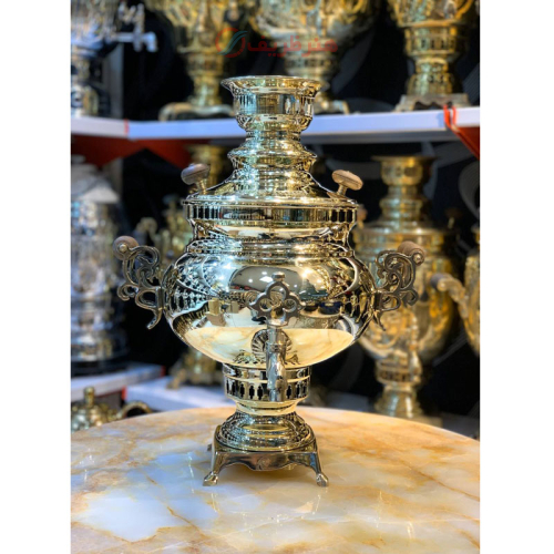 خرید، قیمت و مشخصات سماور زغالی برنجی 6 لیتری مدل عدسی، دسته طوری، مهر روسی ارزان و باکیفیت _ هنرظریف