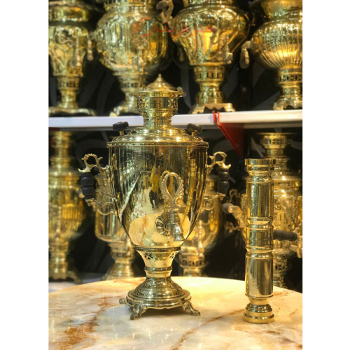 خرید، قیمت و مشخصات سماور زغالی برنجی، 6 لیتر، مدل کاپ، طرح شوروی، مهر روسی ارزان و باکیفیت _ هنرظریف