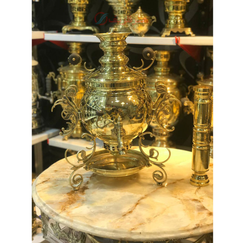 خرید، قیمت و مشخصات سماور زغالی برنجی، 6 لیتر، مدل 3 پایه روسی، مهر روسی ارزان و باکیفیت _ هنرظریف