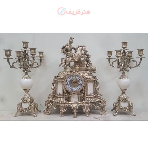 خرید، قیمت و مشخصات ست شمعدان و ساعت رومیزی پنج شعله پایه دار سفید، با کیفیت عالی_ هنرظریف