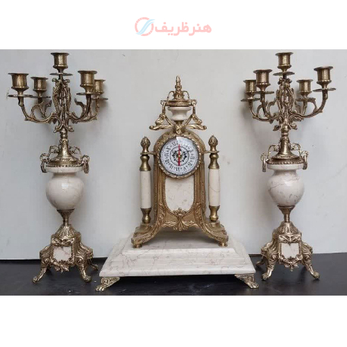 خرید، قیمت و مشخصات ست ساعت و شمعدان پنج شاخه سنگ مرمر سفید، سلطنتی و کلاسیک_ هنرظریف