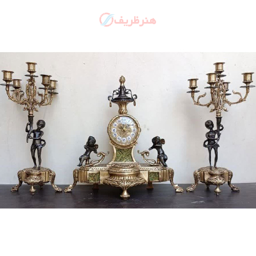 خرید، قیمت و مشخصات ست ساعت و شمعدان برنزی پنج شعله طرح چهار فرشته، برنز و آنتیک_ هنرظریف