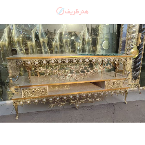 خرید، قیمت و مشخصات میز تلویزیون برنزی طرح سیمرغ دو کشو مدل تاج دار، طرح جدید_ هنرظریف