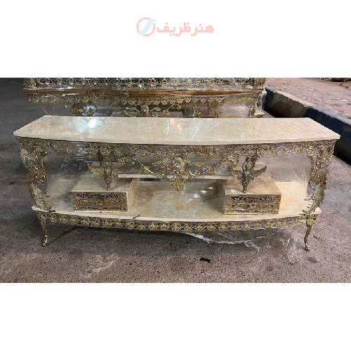 خرید، قیمت و مشخصات میز تلویزیون نیم گرد برنزی طرح سیمرغ دو کشو، با کیفیت عالی_ هنرظریف