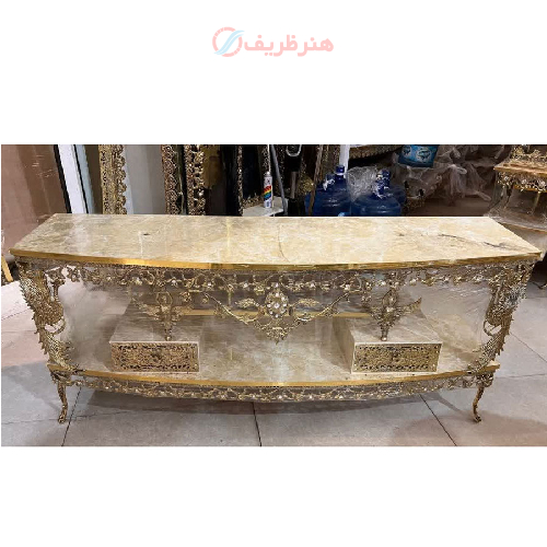 خرید، قیمت و مشخصات میز تلویزیون برنزی نیم گرد طرح سیمرغ دو کشو با حاشیه گل، با کیفیت عالی_ هنرظریف