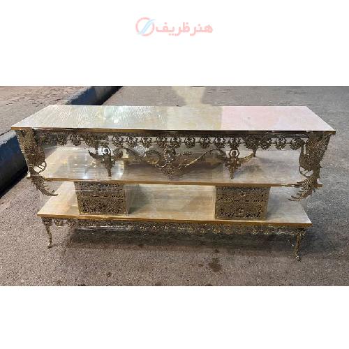 خرید، قیمت و مشخصات میز تلویزیون برنزی چهار کشو طرح سیمرغ و دو فرشته، جدید و شیک_ هنرظریف
