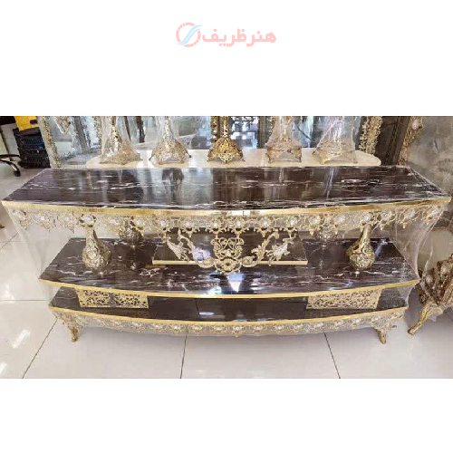 خرید، قیمت و مشخصات میز تلویزیون برنزی مدل دو کشو، پرکار و شیک_ هنرظریف