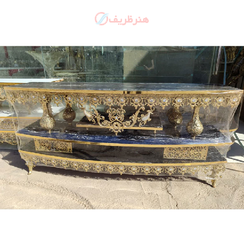 خرید، قیمت و مشخصات میز تلویزیون برنزی نیم گرد مشکی مدل دو کشو، ساده و مدرن_ هنرظریف